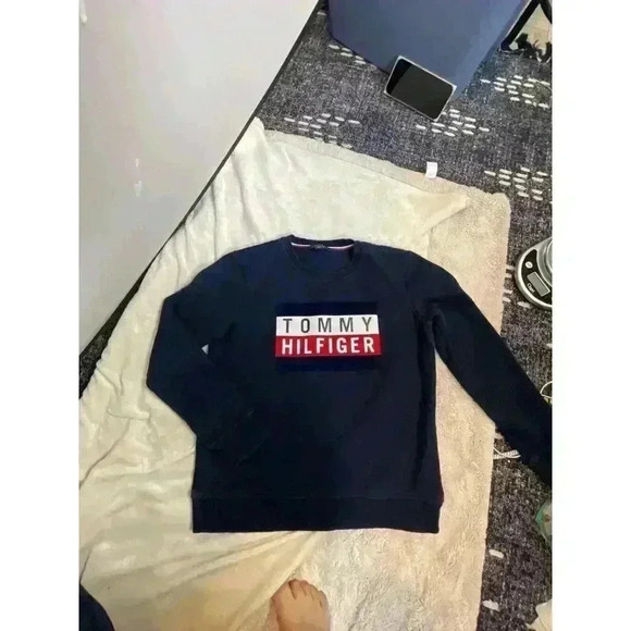 Tommy Hilfiger Big Logo Long Sleeve Crewneck Pullover Blue Sweatshirt Small Crew - Picture 3 of 6